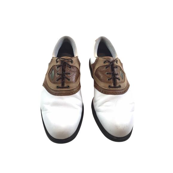 FootJoy DryJoys Men\'s Traditional Leather Golf Shoes White/Brown Spikes Size 10M